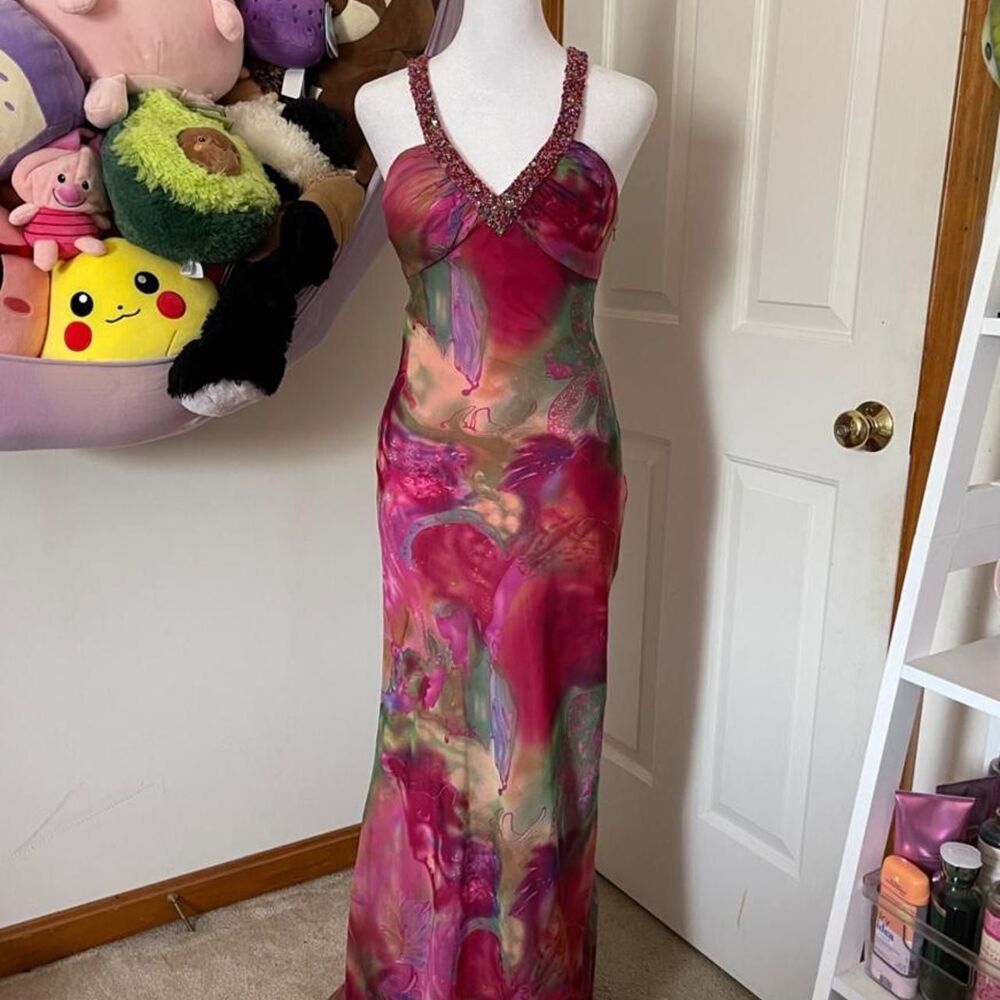 FAVIANA COUTURE Y2K PINK ABSTRACT BEADED HALTER MAXI DRESS